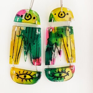 Long Green and Yellow Resin, Acrylic and Sterling Silver Earrings