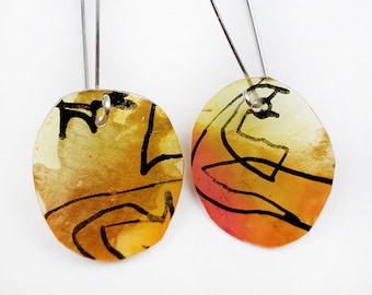 Yellow Round Earrings, Line Drawing Earrings, Long and light colorful Sterling Silver and Resin earrings