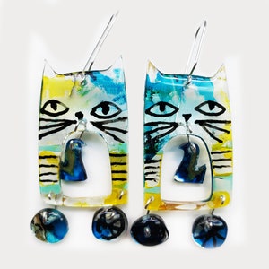 Blue Cat Fun and Mobile Resin Earrings