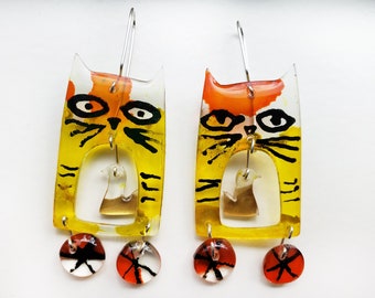 Cat earrings, acrylic and sterling silver earrings, cat and bird, colorful, fun, dangling, weightless