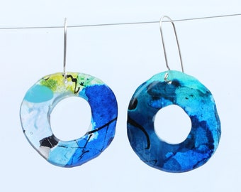 Blue Mismatched Resin and Silver Earrings with Line Drawings