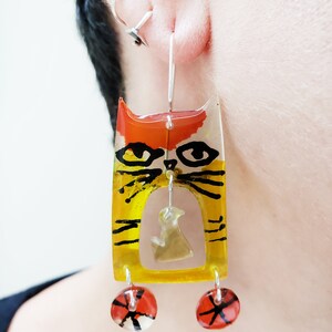 Cat earrings, acrylic and sterling silver earrings, cat and bird, colorful, fun, dangling, weightless image 2