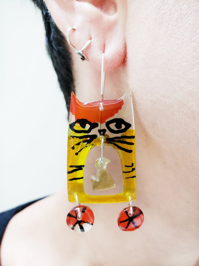 Cat earrings, acrylic and sterling silver earrings, cat and bird, colorful, fun, dangling, weightless image 2