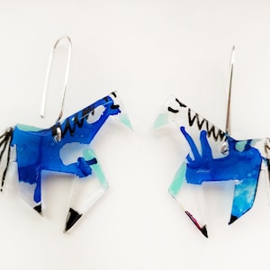 Blue Horse Resin, Acrylic and Sterling Silver Earrings, Bold, Fun, Artsy and Whimsical, Great Presents, Lets Ride!