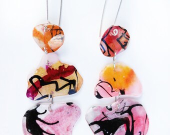 Long Peach Mismatched Resin and Silver Earrings with Line Drawings