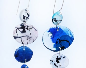 Long Blue Mismatched Resin and Silver Earrings with Line Drawings