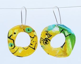 Yellow Mismatched Resin and Silver Earrings with Line Drawings