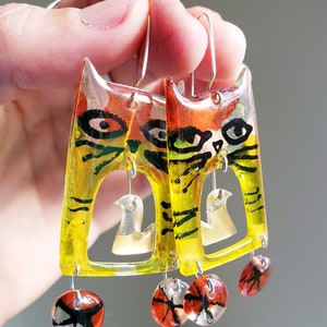 Cat earrings, acrylic and sterling silver earrings, cat and bird, colorful, fun, dangling, weightless image 5