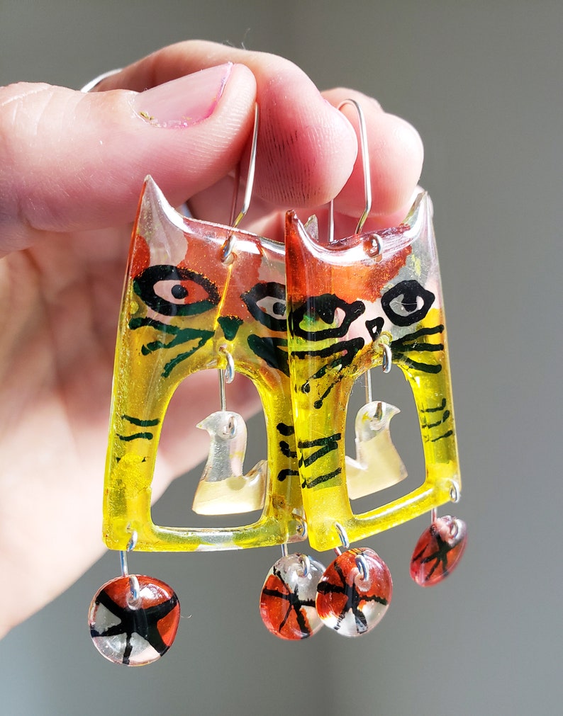 Cat earrings, acrylic and sterling silver earrings, cat and bird, colorful, fun, dangling, weightless image 5