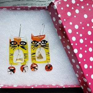 Cat earrings, acrylic and sterling silver earrings, cat and bird, colorful, fun, dangling, weightless image 3