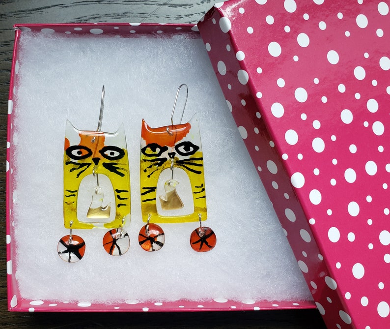 Cat earrings, acrylic and sterling silver earrings, cat and bird, colorful, fun, dangling, weightless image 3