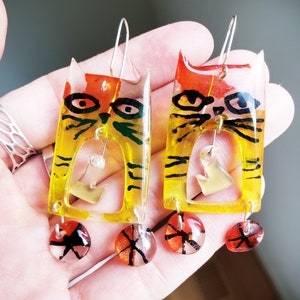 Cat earrings, acrylic and sterling silver earrings, cat and bird, colorful, fun, dangling, weightless image 4