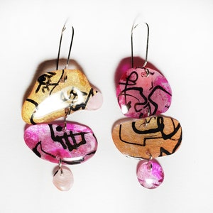 Pink/Orange Asymmetric Resin and Sterling Silver Earrings With Ink Line Drawing