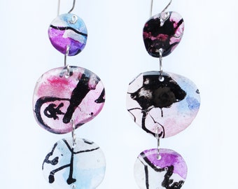 Long Colorful Mismatched Resin and Silver Earrings with Line Drawings