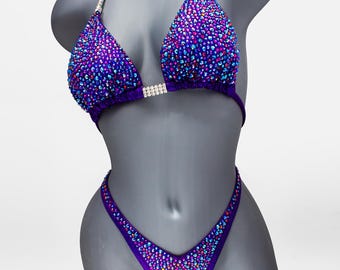 NPC Competition Bikini – Purple Hologram IFBB Bodybuilding Posing Suit with Rhinestones