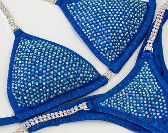 Custom NPC Competition Bikini – Royal Blue IFBB Bodybuilding Posing Suit with Crystals