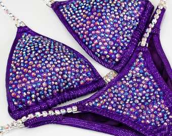 Custom NPC Competition Bikini – Purple IFBB Bodybuilding Posing Suit with Rhinestones