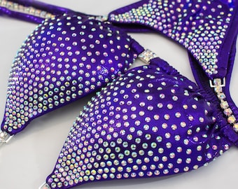 Custom NPC Competition Bikini – Purple IFBB Bodybuilding Posing Suit with Rhinestones 1-Week Delivery Option