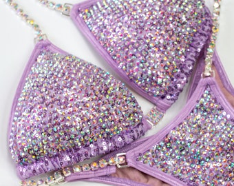 Custom NPC Competition Bikini – Lilac Sequin IFBB Bodybuilding Posing Suit with Rhinestones