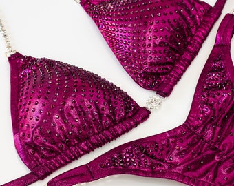 Custom NPC Competition Bikini – Cranberry IFBB Bodybuilding Posing Suit with Rhinestones