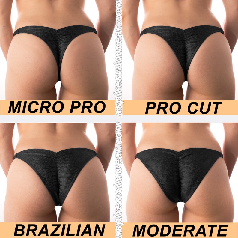 May include: A four-part comparison of black textured bikini bottoms labeled MICRO PRO, PRO CUT, BRAZILIAN, and MODERATE. Each style features a different level of rear coverage, ranging from minimal to moderate, with a ruched center seam detail.