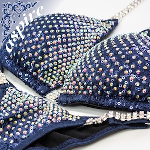 Navy Blue NPC Competition Bikini Sequin Suit with Ab Crystals / Only ONE In this size-S Top & XS Brazilian Bottom