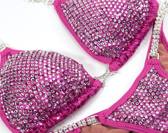 Raspberry Pink NPC Competition Bikini Sequin Suit with Crystals / ONLY ONE In this size-S top & XSmall Pro Cut bottom
