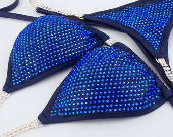 Custom NPC Competition Bikini – Navy Blue IFBB Posing Suit with Rhinestones