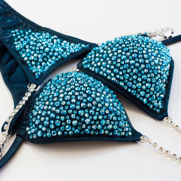 Navy Blue NPC Competition Bikini w/ Crystals - 1/2 OFF Special Clearance - Premade suit - Only ONE In this size-S Top & X/S Pro Cut Bottom