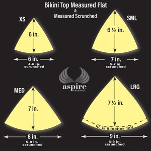 May include: A size chart for bikini tops labeled Bikini Top Measured Flat & Measured Scrunched with the Aspire Swimwear logo. It displays four yellow triangular shapes representing sizes XS, SML, MED, and LRG with dimensions in inches.