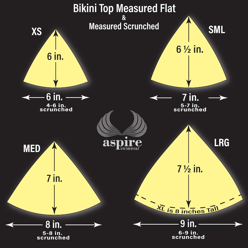 May include: A size chart for bikini tops labeled Bikini Top Measured Flat & Measured Scrunched with the Aspire Swimwear logo. It displays four yellow triangular shapes representing sizes XS, SML, MED, and LRG with dimensions in inches.