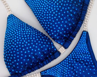 Custom NPC Competition Bikini – Blue Hologram IFBB Bodybuilding Posing Suit with Rhinestones