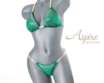 Shiny Green NPC ifbb Competition Bikini  Suit with ab Crystals  ONLY ONE In this size: Small top & S/M Brazilian Cut Bottom