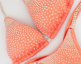 Custom NPC Competition Bikini – Coral IFBB Bodybuilding Posing Suit with Rhinestones