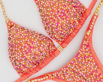 Custom NPC Competition Bikini – Coral IFBB Bodybuilding Posing Suit with Rhinestones