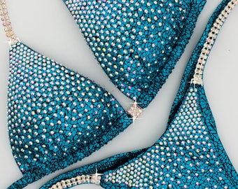Custom NPC Competition Bikini – Turquoise IFBB Bodybuilding Posing Suit with Rhinestones