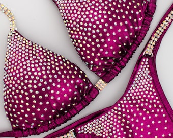 Custom NPC Competition Bikini – Cranberry IFBB Bodybuilding Posing Suit with Rhinestones