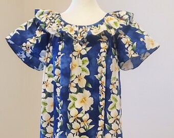 1970s Royal Hawaiian Creations Blue, Yellow and White Floral Ruffles Hawaiian Day Dress