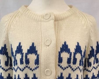 1950s / 1960s Ivory and Blue Hand Knitted Button Front Crew Neck Cardigan / Unisex / Preppy