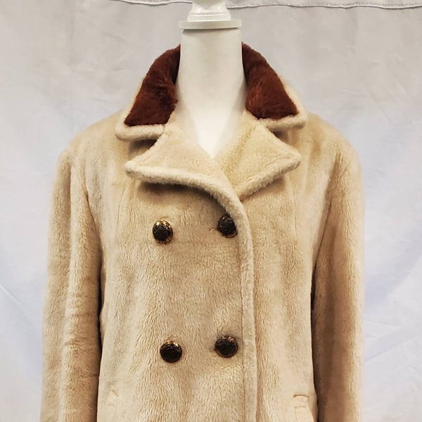 1970s Sears Ivory and Rust Faux Fur Short Coat With Plaid Lining And Brass Deco Buttons / Boho / Hippy