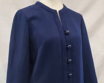 1960s Butte Knit Navy Blue Button Front Short Wool Dress Blazer With Pockets