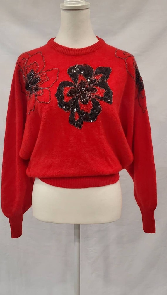 1970s / 1980s Deluxe Red Lambswool Black Floral S… - image 1