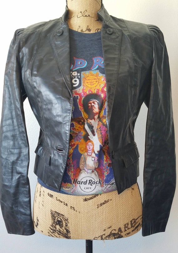 1980s Bermans Black Leather Cropped Leather Jacket