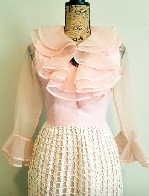 1970s Jack Bryan Pale Pink Chiffon Ruffled Evenin… - image 7