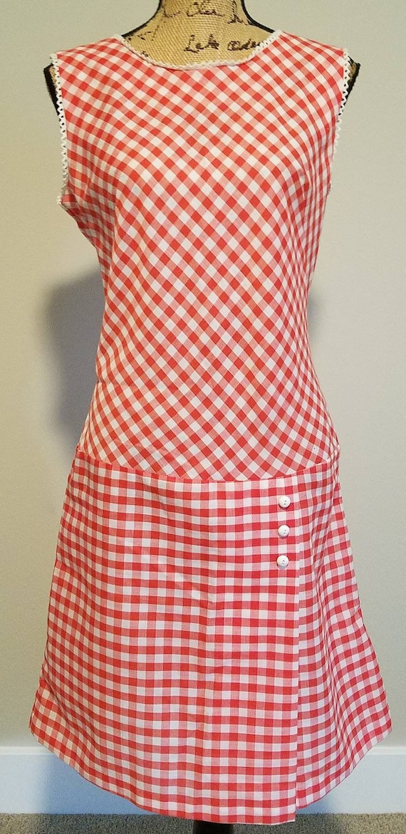 1960s Sears Red and White Checked Sleeveless Summ… - image 1