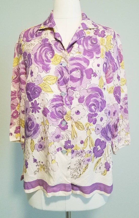 1970s Kiyomi of Hawaii Silk Purple Floral Blouse