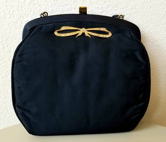 1950s Britemode Black Silk Evening Purse With Gol… - image 1