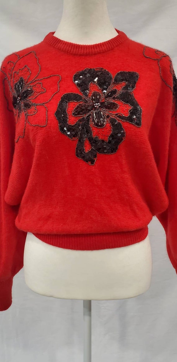 1970s / 1980s Deluxe Red Lambswool Black Floral S… - image 2