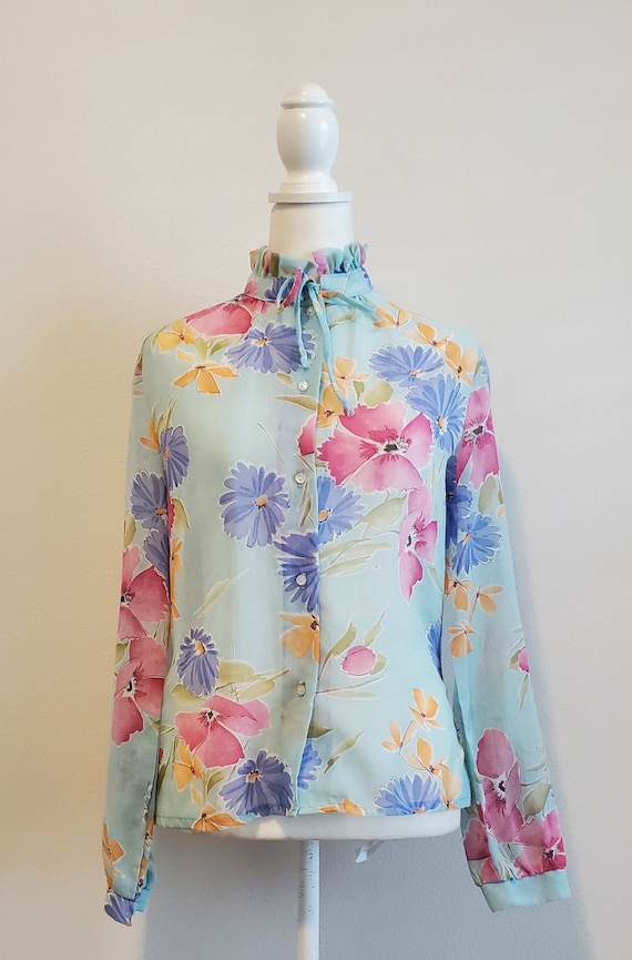 1970s / 1980s Turquoise Floral Long Sleeve Blouse 