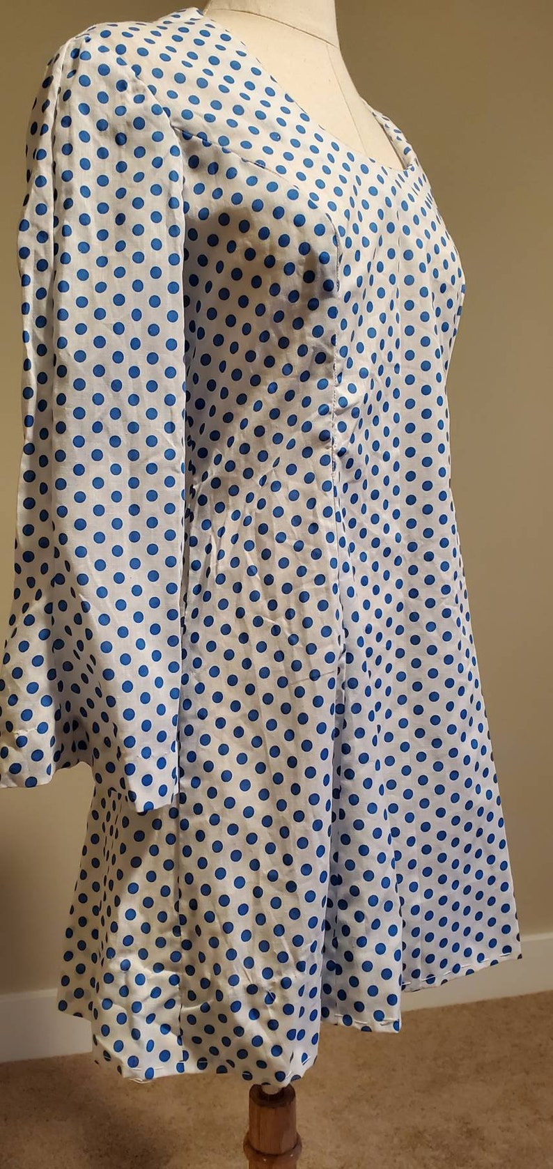 VTG 60S BLACK BLUE WHITE YELLOW POLKA DOT FLORAL DROPPED WAIST SHIFT DRESS 16